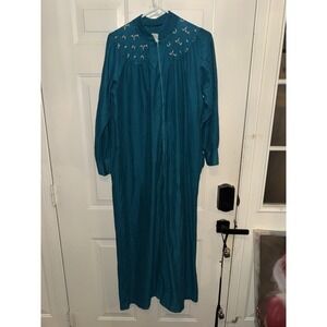 Katz Womens Long Nightgown Green Long Sleeve SZ L Flower Embroidery (WTF60)